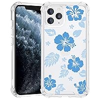 for iPhone 11 Pro Max Case Clear Cute Kawaii Blue Hibiscus Hawaiian Flower Floral Aesthetic Phone Case for Girls Preppy Women