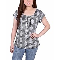 Petite Short Extended Sleeve Zip Top Black White Abstract PS