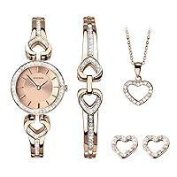 SEKONDA Womens 26mm Stone Set Rose Gold Watch Gift Set with Heart Bracelet Earrings and Necklace