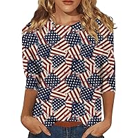 Lightning Deals of Today Prime 4Th of July Outfits for Women 3/4 Length Sleeve Womens Tops Casual Ladies Patriotic Tshirts