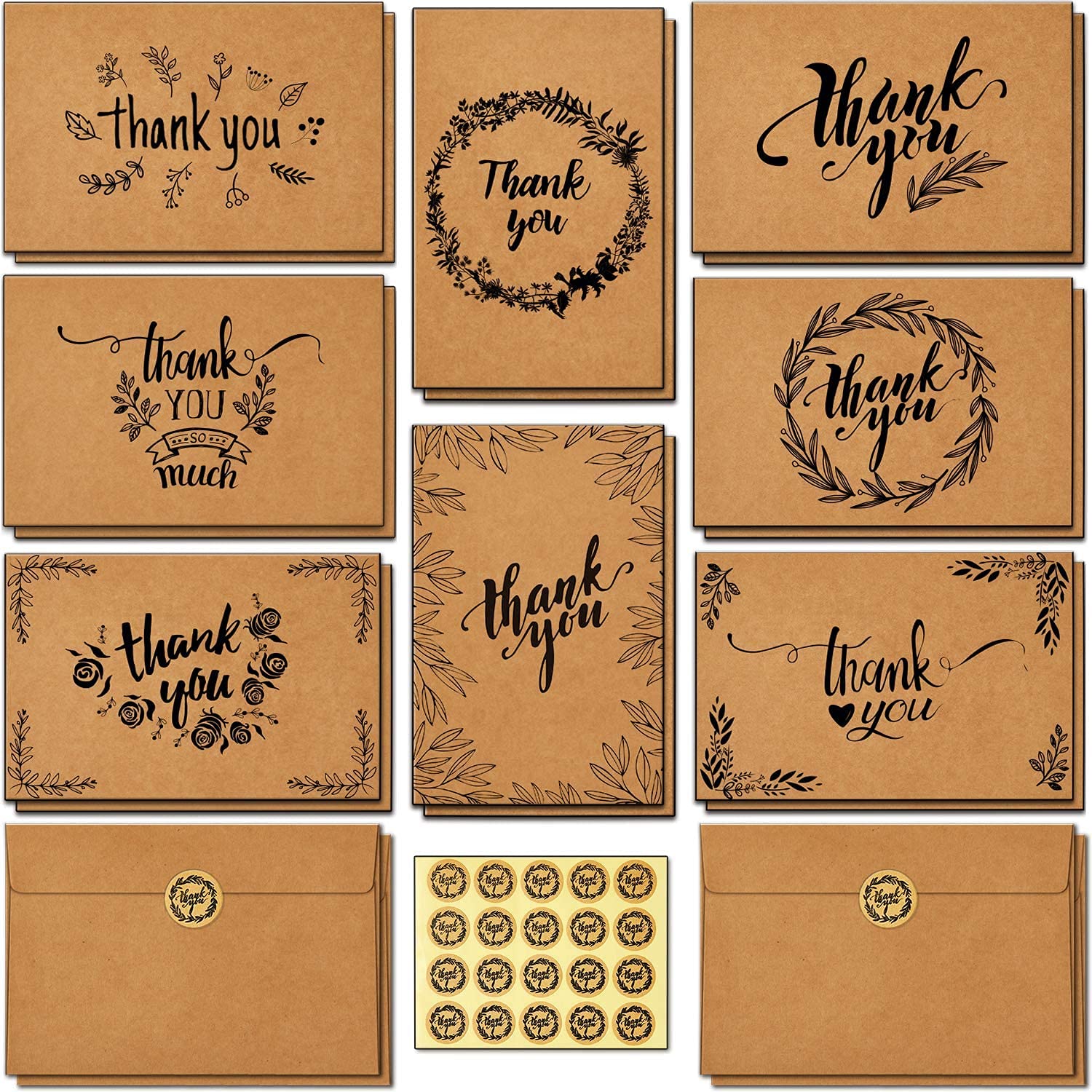 100 Thank You Cards Bulk: Ohuhu Brown Kraft Blank Thank You Notes Box Set with Self-Seal Envelopes and Stickers - Elegant 8 Design Greeting Card for Wedding Shower Business Graduation Birthday - 4 x 6