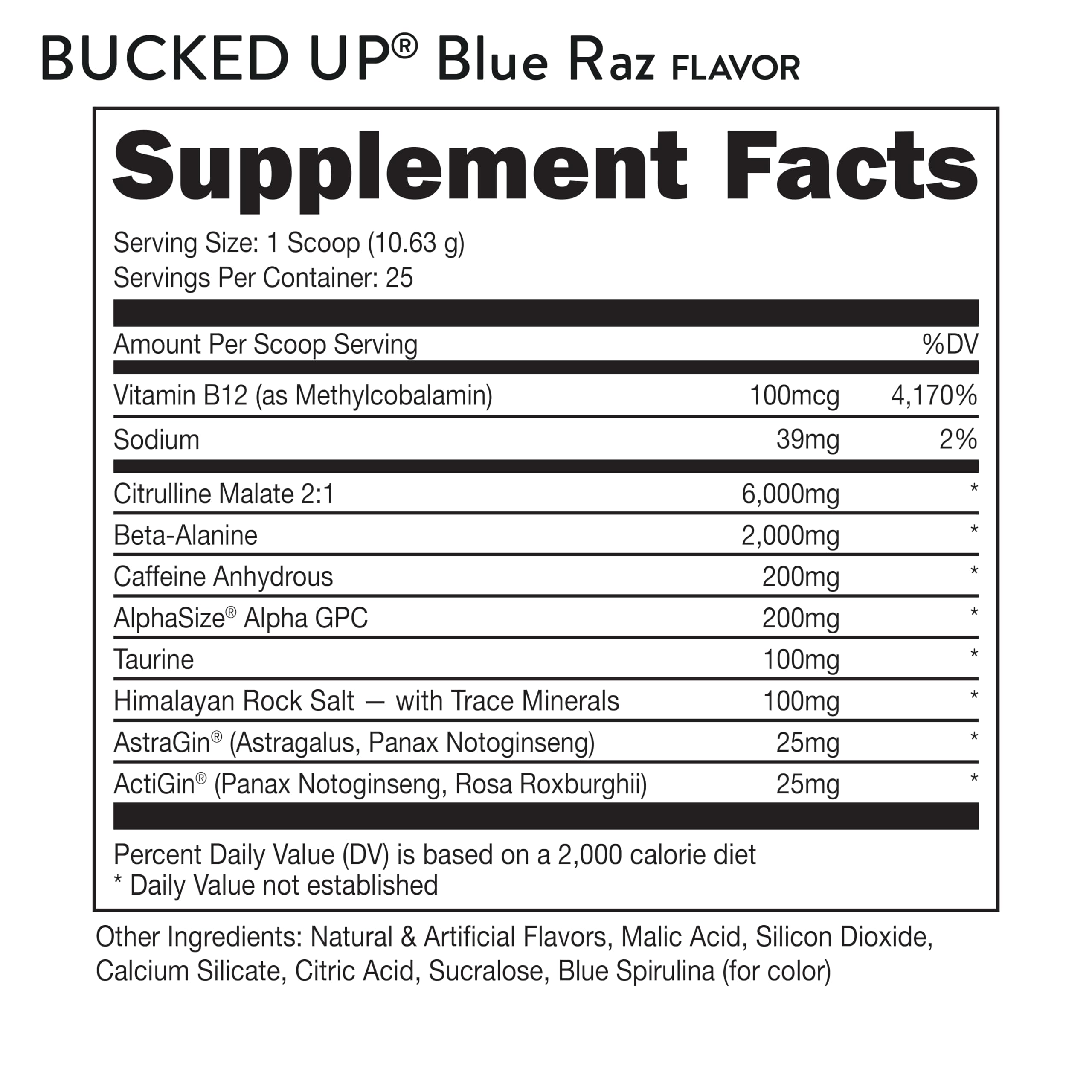 Bucked Up Pre-Workout Powder, Blue Raz, Vitamin B12 and 200mg Caffine, Increase Energy, Pump, Focus and Strength, Keto Friendly, No Sugar, 25 Servings
