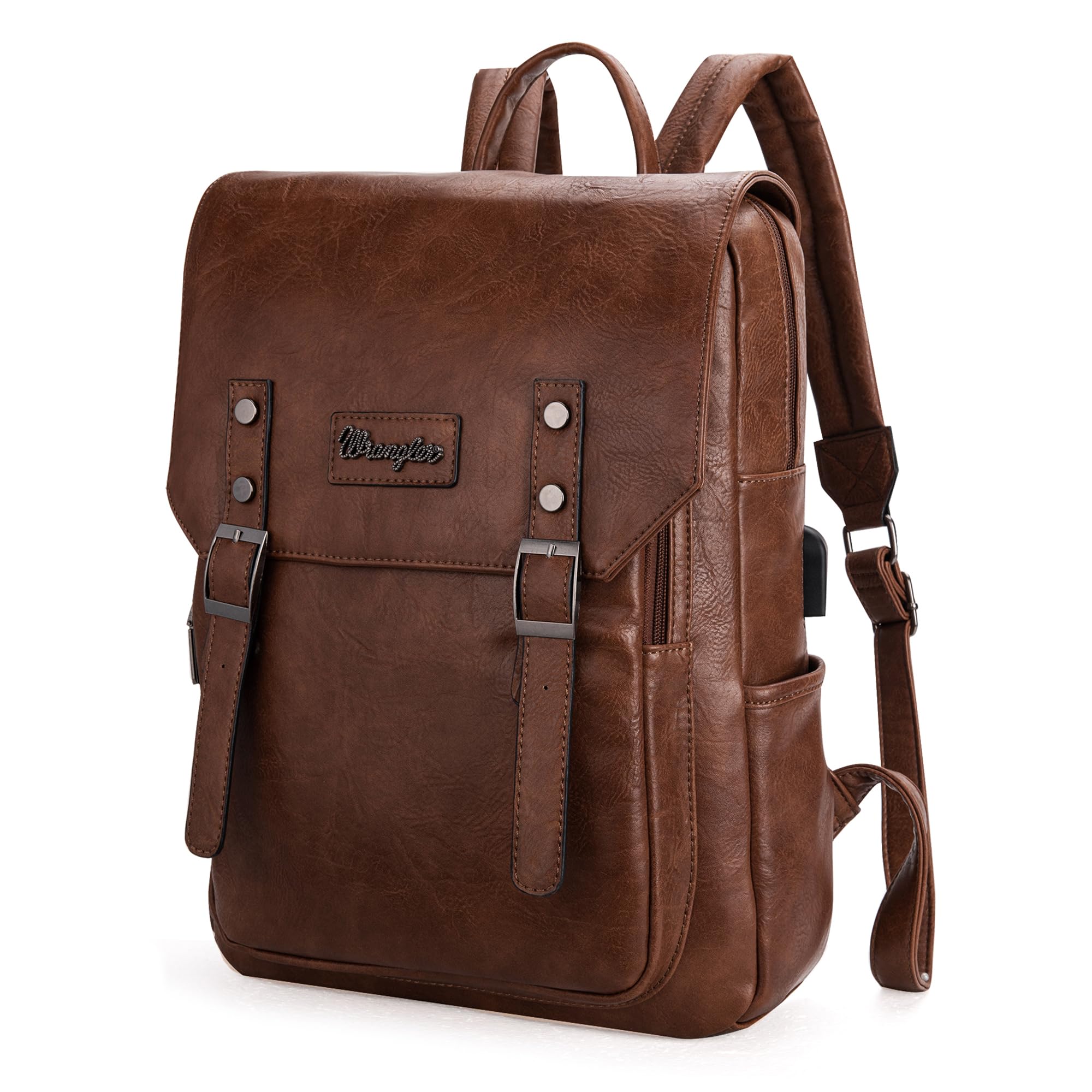 Wrangler Leather Backpack for Men & Women Travel Laptop Backpack College Vintage Dark Brown Backpack with USB Charging Port WG98-043DBR