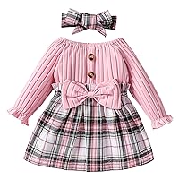 Easter Dresses for Baby Girls Kids Casual Long Sleeved Collar Waist Bow Plaid Party Dress Easter Gifts for Girls
