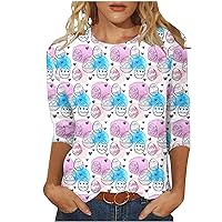 Lightning Deals of Today Prime Teen Girls 3/4 Sleeve Graphic Tees, Easter Shirt for Women Bunny Egg Print, Funny Tops 2024 Crew Neck Casual T-Shirts