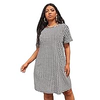 SOLY HUX Women's Plus Houndstooth Print Round Neck Short Sleeve Casual Dress