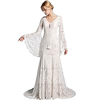 LIPOSA Women's Boho Lace Wedding Dresses for Brides Long Bell Sleeves V Neck Mermaid Beach Bridal Gowns with Sweep Train