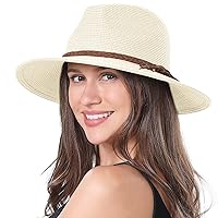 Womens Panama Straw Hat Summer Wide Brim Fedora Beach Sun Hats UPF 50+ for Women