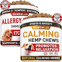 Allergy Relief + Hemp Calming Dogs Bundle - Itchy Skin Treatment + Anxiety Relief - Omega 3 & Pumpkin + Valerian Root, Chamomile - Dogs Itching & Licking + Sleep Calming Aid - 240 Chews - Made in USA