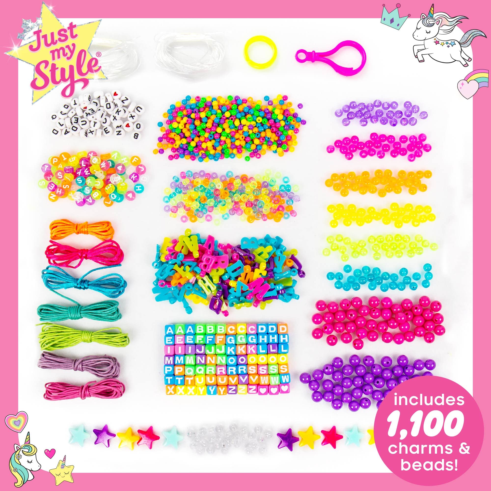 Just My Style ABC Beads by Horizon Group Usa, 1000+ Charms & Beads, Alphabet Charms, Accent Seed Star Wax Beading Cord, Satin Cord Key Ring Included, Bright
