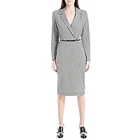 Max Studio Women's Long Sleeve Notch Collar Belted Midi Dress, Black/Ivory Open Houndstooth-Ym-Pz200302, Small