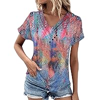 Womens Short Sleeve Henley,Womens Tops Summer Button Solid Color Ruched Short Sleeve Loose Shirts Basic Dressy Blouse Ladies 2024 Outfits Summer Tops