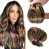 Hairro I Tip Hair Extensions Human Hair 20 Inch Medium Brown Highlighted Honey Blonde Pre Bonded Keratin Cold Fusion I Tip Real Remy Human Hair Extension For Women 50 Strands 50G/Pack