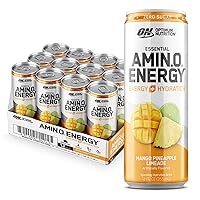 Amino Energy Sparkling Hydration Drink, Electrolytes, Caffeine, Amino Acids, BCAAs, Sugar Free, Mango Pineapple Limeade, 12 Fl Oz, 12 Pack (Packaging May Vary)