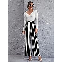 Women's Dress High Waist Striped Wide Leg Pants (Color : Black and White, Size : X-Small)