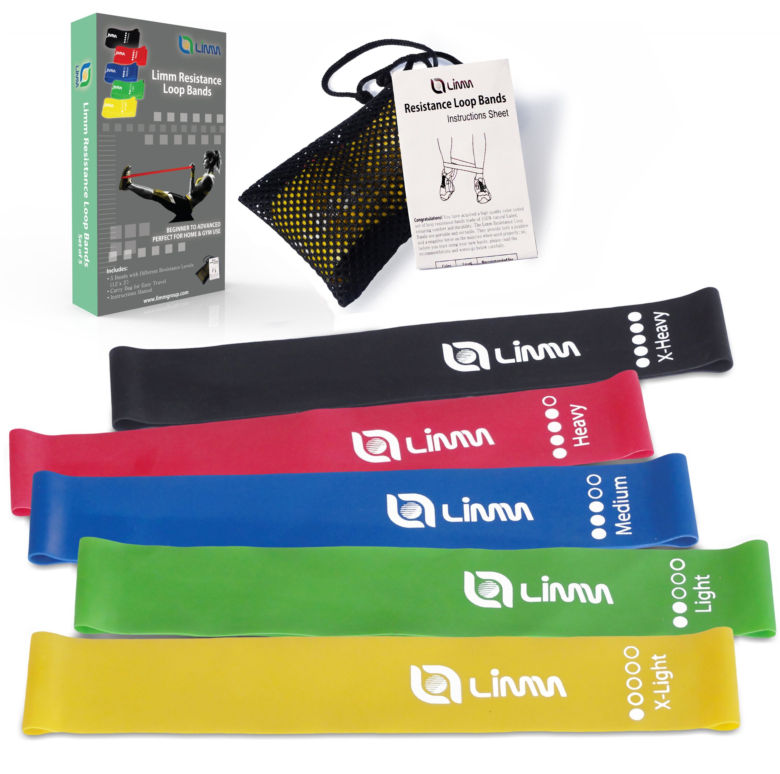 Limm Resistance Loop Exercise Bands - Set of 5 Stretch Bands for Working Out with Instruction Guide & Carry Bag - Elastic Band for Home Workout & Physical Therapy for Women and Men