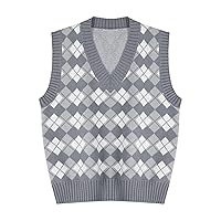 Kids Girls Casual Plaid Sweater Vest V-Neck Sleeveless Knit Pullover Tank Top Uniform Knitwear Waistcoat