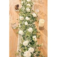 Anna's Whimsy 5.91FT Artificial Eucalyptus Garland with Flowers, Fake Rose Gypsophila Garland, Faux Floral Garland Greenery Garland for Wedding Spring Home Party Craft Art Table Runner Decor