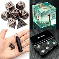 Haxtec DND Dice Set Bundle, Liquid Core Sharp Edge Resin DND Dice Polyhedral Green Dice for Dungeons and Dragons Ttrpg and Mini Dice Set Tiny Small Portable Antique Copper Metal Dice for Keychain