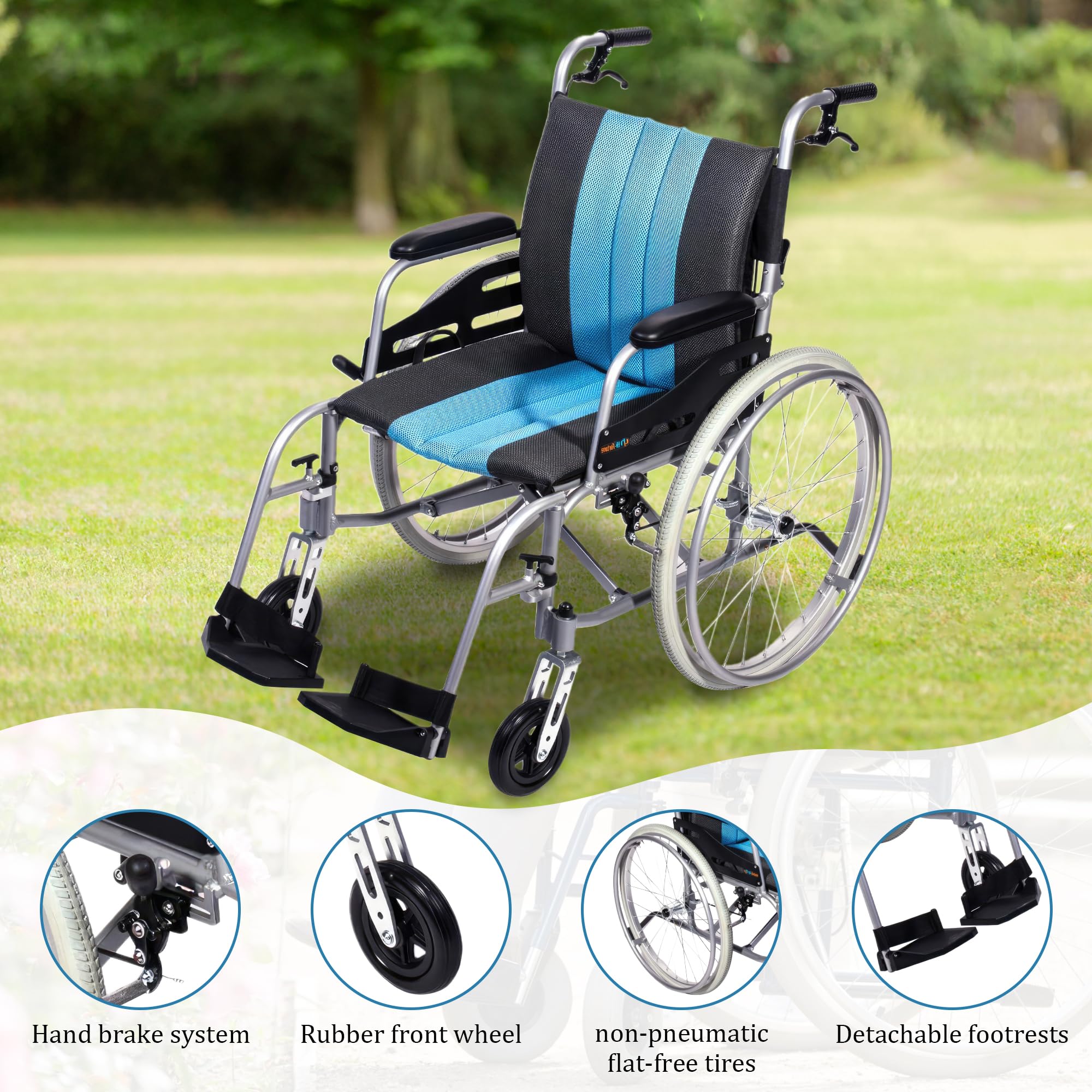 SUMELL Magnesium Lightweight Wheelchair - 21lbs Self Propelled Chair with Travel Bag and Cushion, Portable and Folding 17.5” W Seat, Park & Brake Anti Tipper, Swing Away Footrests, Ultra Light, Blue