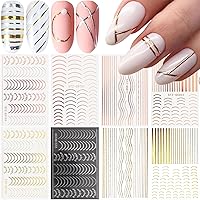 8 Sheets Line Nail Art Stickers Rose Gold Silver Metal Nail Stickers Nail Art Supplies 3D Metallic Curve Stripe Wave Lines Nail Decals French Nail Designs Accessories Striping Tape Wavy Nail Decor