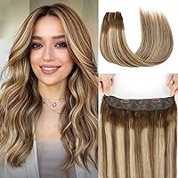 Tinashe Halo Hair Extensions Human Hair Straight Hair Extensions Balayage Chocolate Brown to Honey Blonde Invisible Wire Fish Line Hair Extensions Straight Flip Hair Extensions (16 inch, #T4/P24/4)