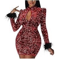 Womens Sparkly Sequin Cocktail Dress Long Sleeve Short Mini Bodycon Dresses Sexy Cutout High Neck Formal Party Dresses