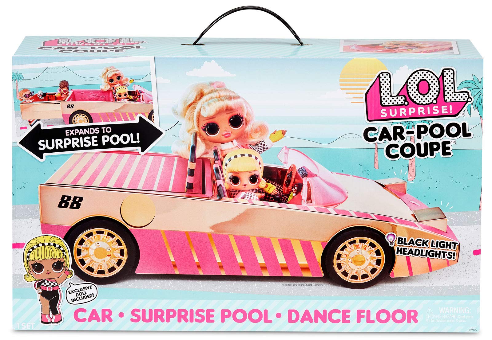 LOL Surprise Car Pool Coupe with Exclusive Doll, and Dance Floor - Toy Car Playset with Black Light Headlight and Play Set Accessories - Great Birthday Gift for Kids Ages 6-8 Years