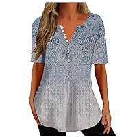 Women's Blouses Summer Loose Floral Shirts Comfy V Neck Button Henley Tops Trendy Short Sleeve Boho Tshirt Tee