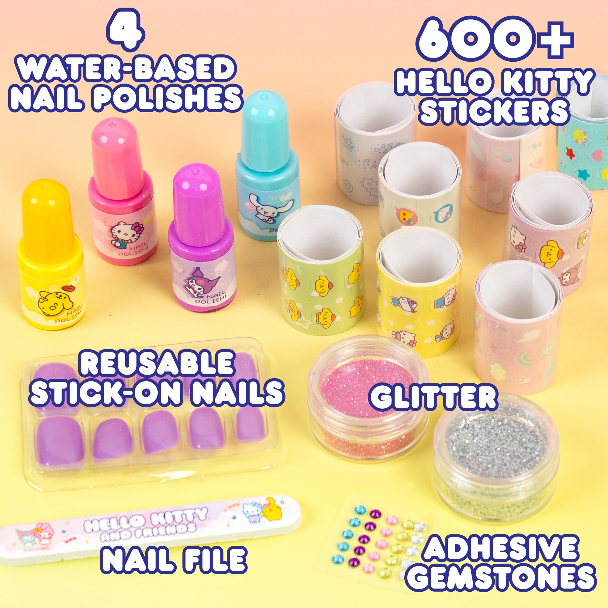 Hello Kitty and Friends Sparkling Nail Art Kit, DIY Hello Kitty Nails, Kids Nail Polish Set for Girls, Kids Makeup Set & Toy for Girls Age 6+, Hello Kitty and Friends Nail Stickers