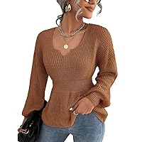 PEHMEA Womens Long Sleeve Knit Sweater V Neck Drop Shoulder Lantern Sleeve Babydoll Pullover Sweater
