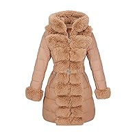 RISISSIDA Women Puffer Coat/Parka with Long Fur Collar Hooded Winter Fashion, Cold-resistant Thicken Thermal Fur-lined Belted