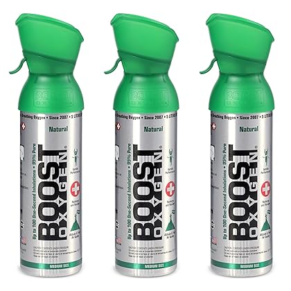 Boost Oxygen 5 Liter Natural Pure Canned Supplemental Oxygen Bottle with Built in Mouthpiece for High Altitudes and Recovery, Natural Flavor (3 Pack), Flavorless, 3.0 Count