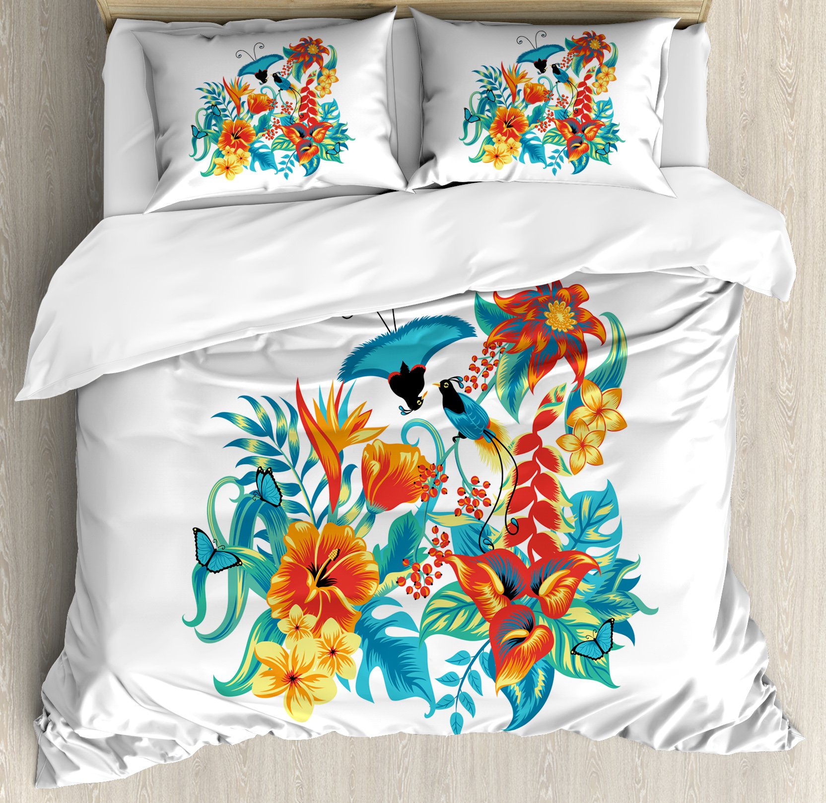 Ambesonne Flowers Duvet Cover Set, Tropical Exotic Jungle Foliage with Birds Hawaiian Island Flowers Retro, Decorative 3 Piece Bedding Set with 2 P...