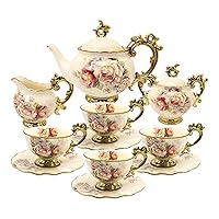 15 Pieces British Porcelain Tea Set, Floral Vintage China Coffee Set, Wedding Tea Service for Adult, Big Tea Cup