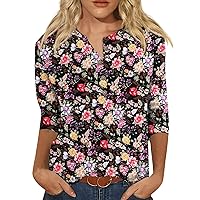 Womens Casual Tops 3/4 Sleeve Cute Floral Shirts Button Henley Neck Three Quarter Sleeve Tops Tee Tunic Blouses