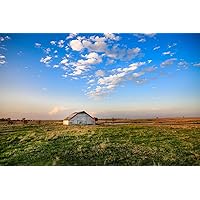 Country Photography Print (Not Framed) Picture of White Barn Under Big Blue Sky on Spring Day in Oklahoma Farm Wall Art Farmhouse Decor (5
