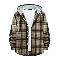 Mens Plaid Button Shirts Jacket With Hood Casual Stylish Drawstring Sweatshirts Hoodies Coat