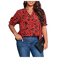 SOLY HUX Women's Plus Size Allover Printed Notched V Neck Short Sleeve Casual Blouse Tops