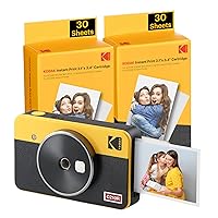 KODAK Mini Shot 2 Retro 4PASS 2-in-1 Instant Digital Camera and Photo Printer (2.1x3.4 inches) Initial 8 Sheets + 60 Sheets Bundle, Yellow