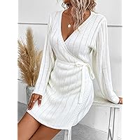 Women's Fashion Dress -Dresses Ribbed Knit Knot Side Wrap Sweater Dress Sweater Dress for Women (Color : White, Size : Small)