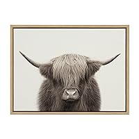 Sylvie Hey Dude Highland Cow Color Framed Linen Textured Canvas Wall Art by The Creative Bunch Studio, 18x24 Natural, Decorative Cow Art for Wall
