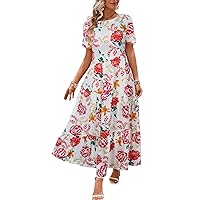Kormei Women's Casual Boho Dress Floral Print Short Sleeve A Line Tiered Summer Beach Party Long Maxi Dresses
