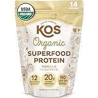 KOS Vegan Protein Powder, No Erythritol, Vanilla - USDA Organic Pea Protein Blend, Plant Based Superfood Rich in Vitamins & Minerals - Keto, Dairy Free - Meal Replacement for Women & Men, 14 Servings