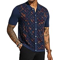 Mens Old Money Polo Shirt Vintage Lapel Collar Knit Shirt Pattern Short Sleeve Button Down Shirt