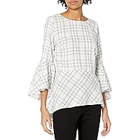 kensie Women's Double Layer Plaid Top with Bell Sleeve