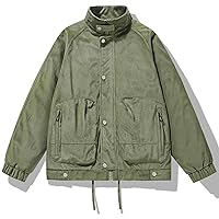 Men's Plain Jackets Button Zip Up Coats Stand Collar Overcoat Casual Drawstring Hem Cargo Bomber Jackets Outerwear