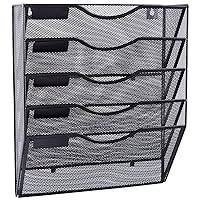 EASEPRES 5 Pocket Mesh Hanging Wall File Organizer, Wall Mounted Mail Paper Document Folder Holder, Clipboard Storage Organization Magazine Rack with Nametag Label for Office Home School, Black