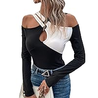 GORGLITTER Women's Color Block Cut Out Cold Shoulder T Shirt Criss Cross Long Sleeve Tee Top