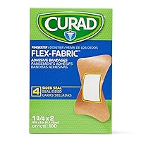CURAD Flex-Fabric Adhesive Fingertip Bandages, Skin-Friendly Adhesive, 2 x 1.75 Inches, Breathable Fabric, 100 Bandages Per Box